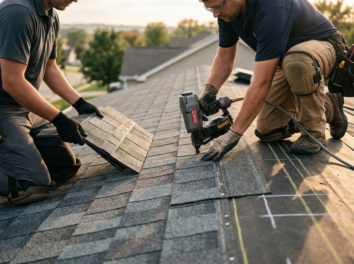 Professional roofer working on a residential roof in Dubuque